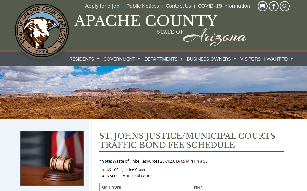 Apache County bench warrant and St. Johns court fee route