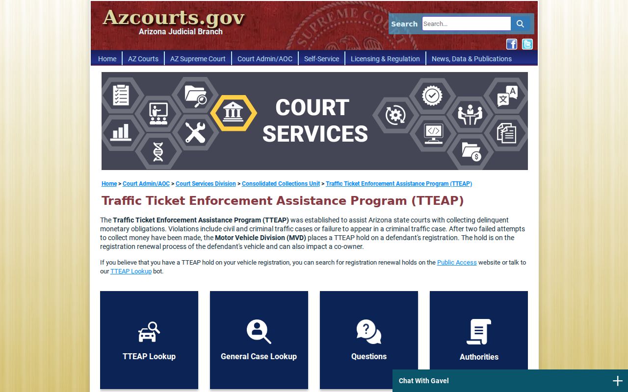 Arizona TTEAP traffic ticket enforcement information used for Apache County court obligations