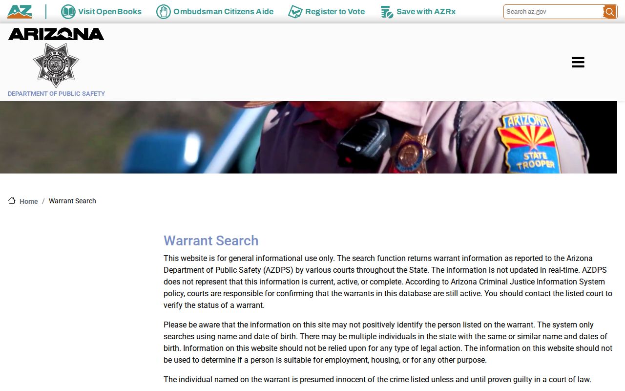 Arizona DPS public warrant search form for Apache County residents